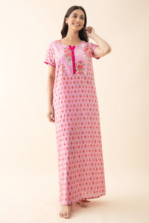 Floral Printed Cotton Nighty - Pink