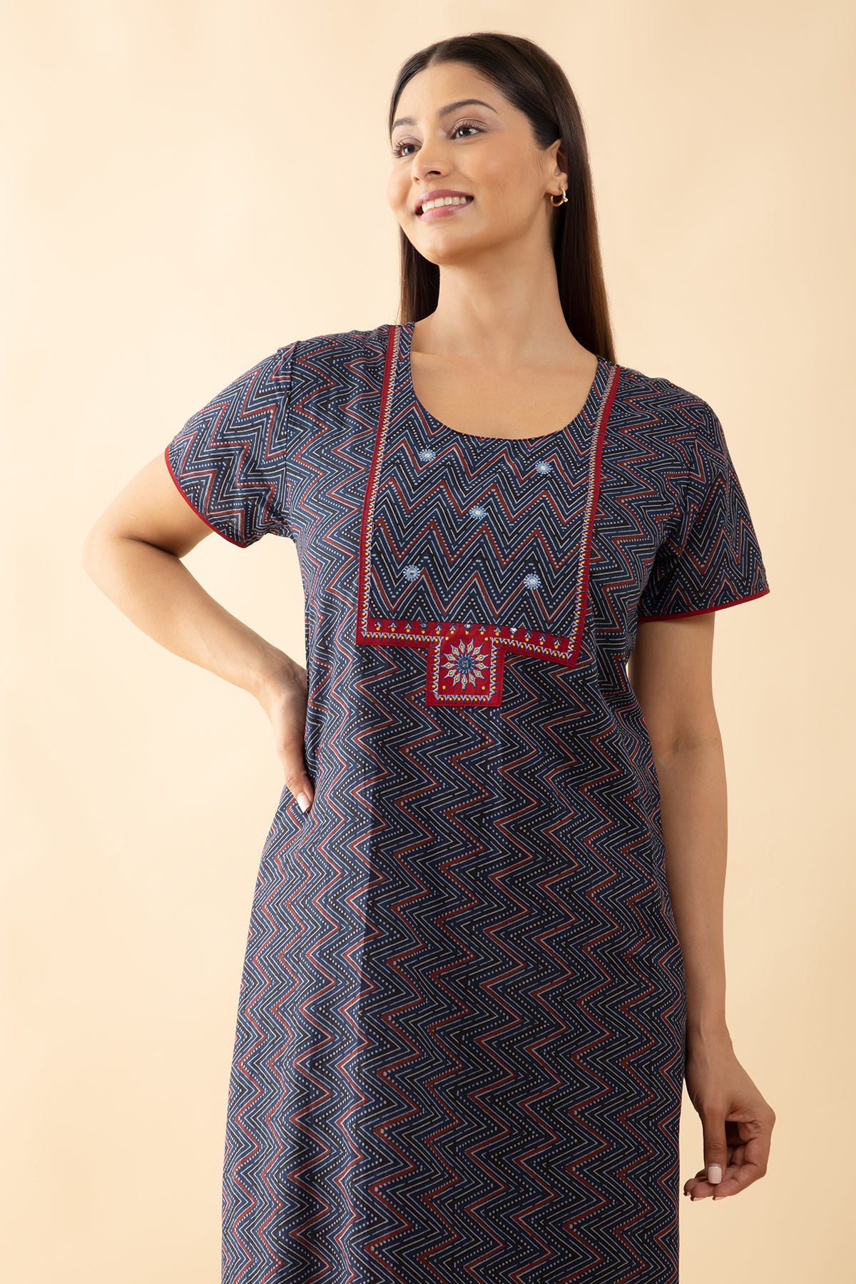 Geometric Printed Cotton Nighty - Blue