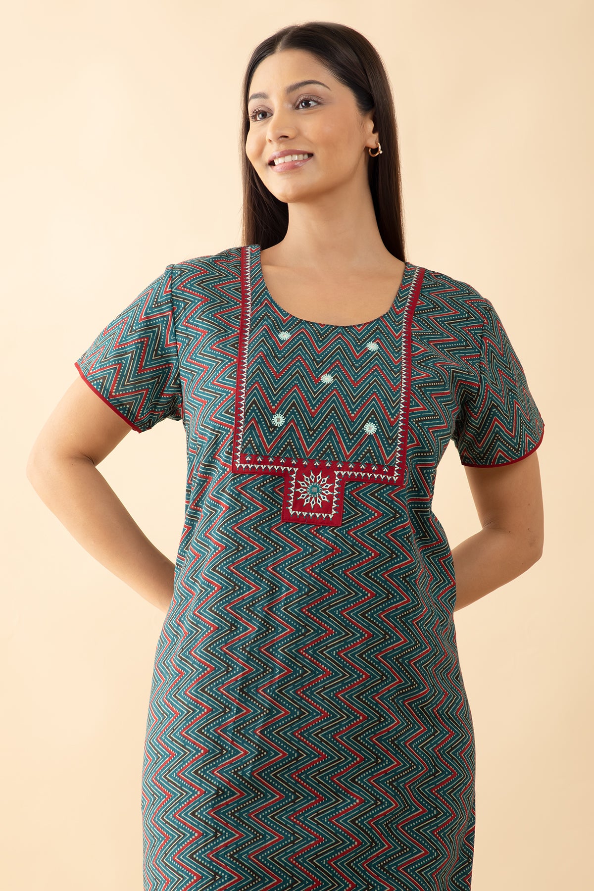 Zig-Zag Printed & Embroidered Cotton Nighty - Teal Green