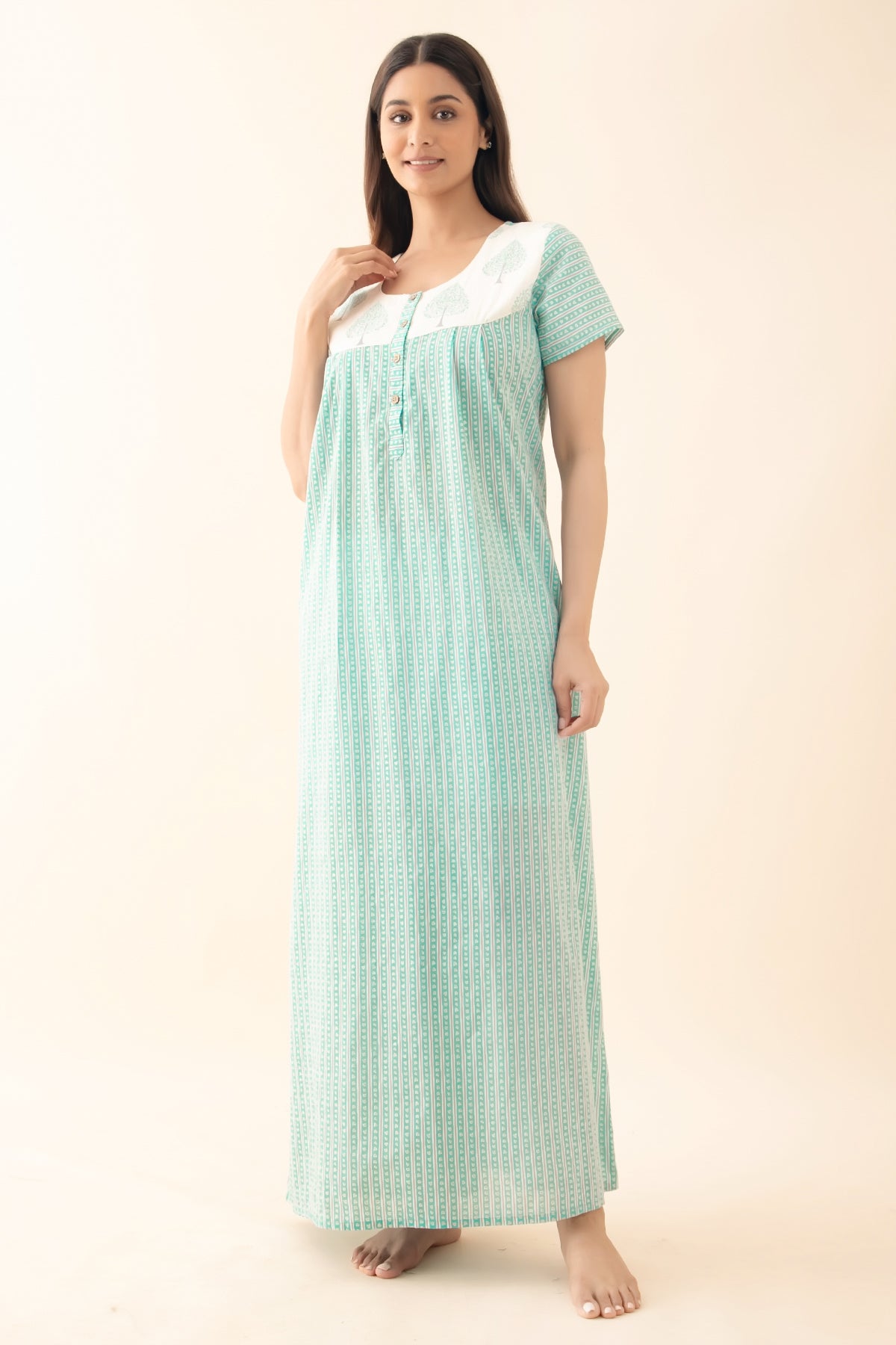 Striped Nighty with Block Printed Yoke - Blue