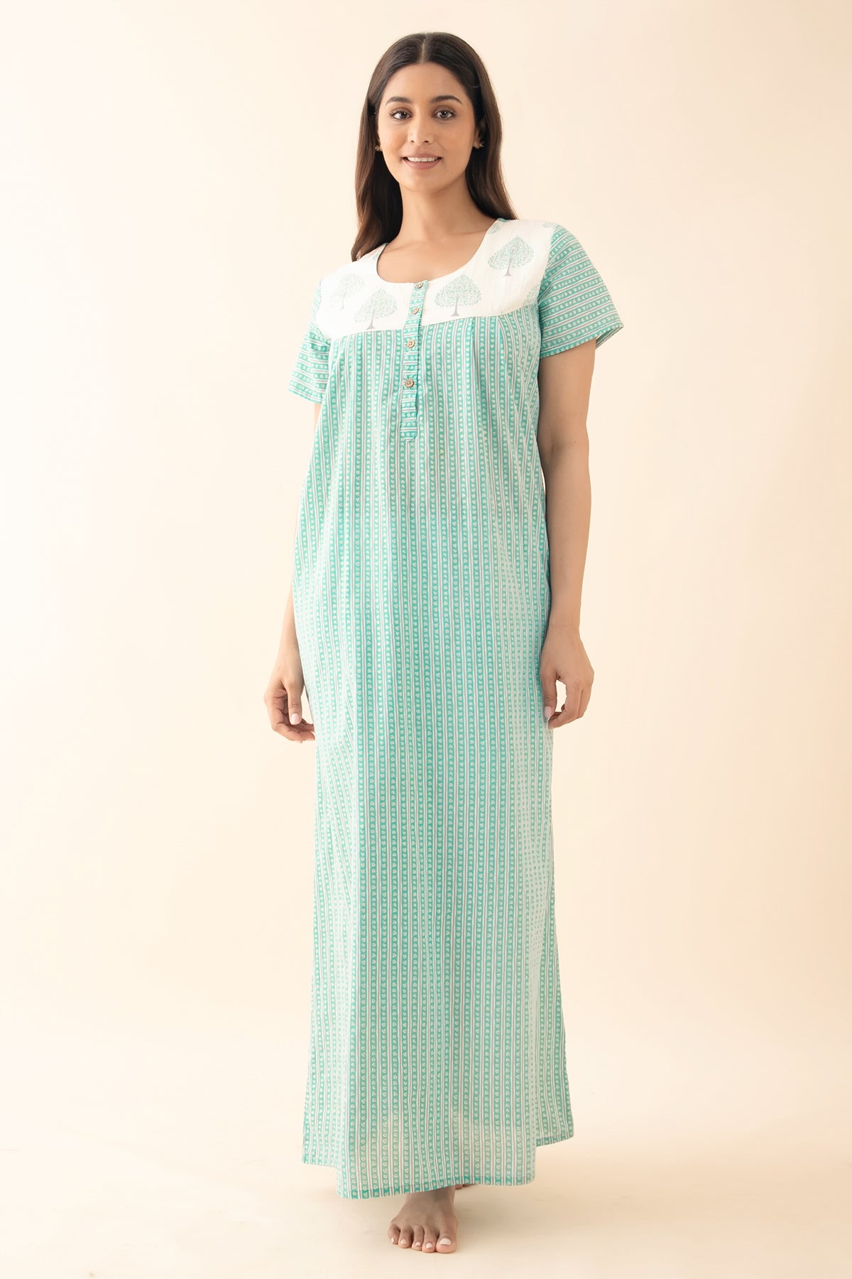 Striped Nighty with Block Printed Yoke - Blue