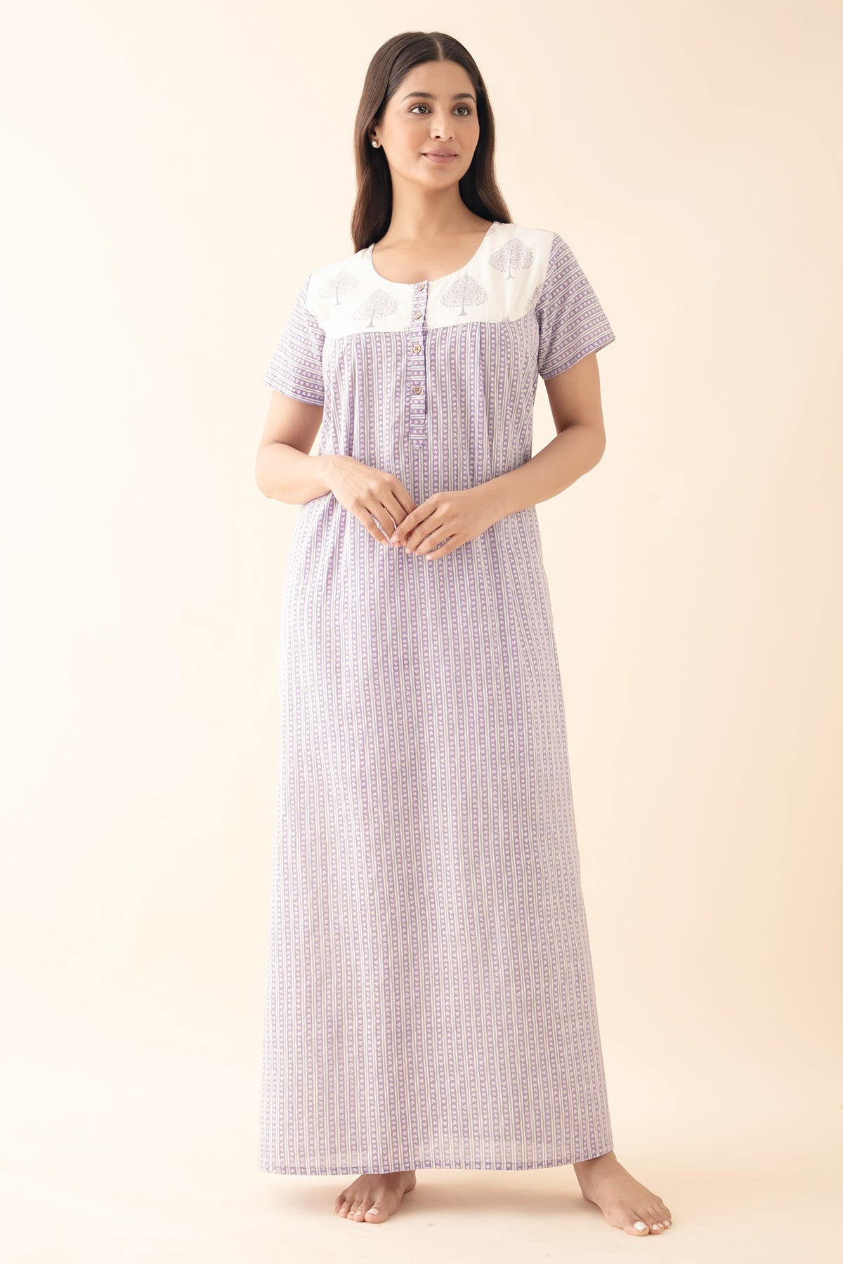 Striped Nighty with Block Printed Yoke - Purple