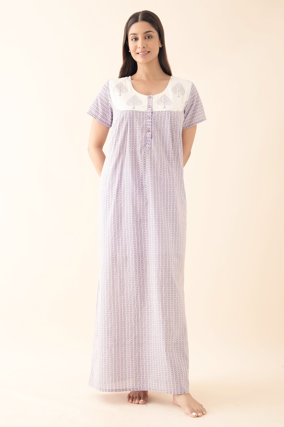 Striped Nighty with Block Printed Yoke - Purple