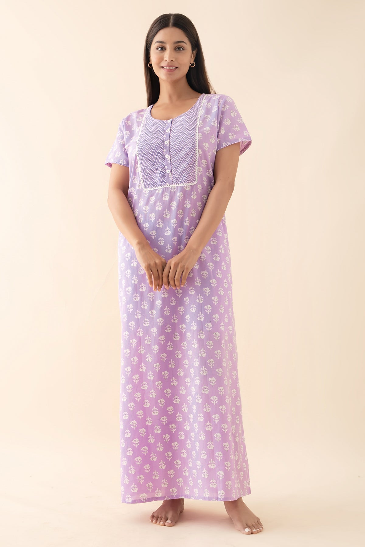 Floral Printed Lace Embellished Nighty - Purple