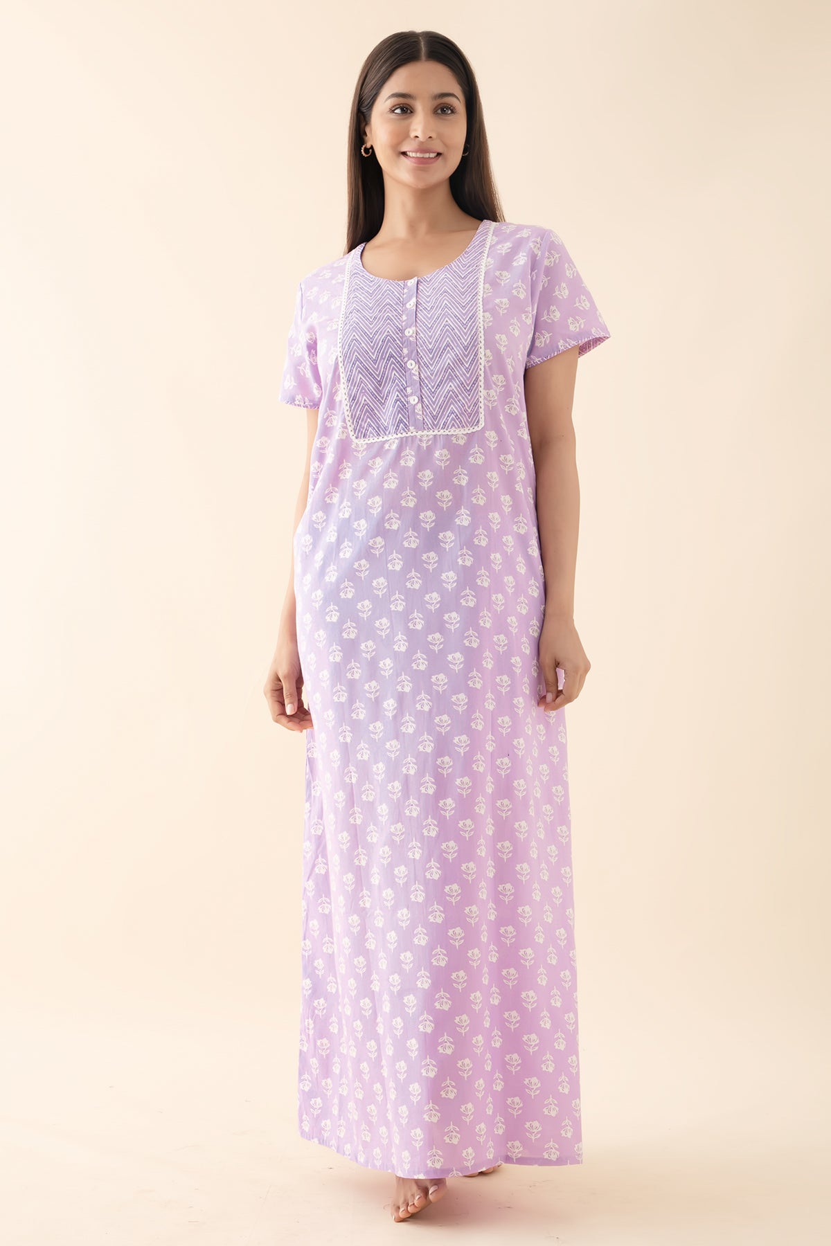 Floral Printed Lace Embellished Nighty - Purple