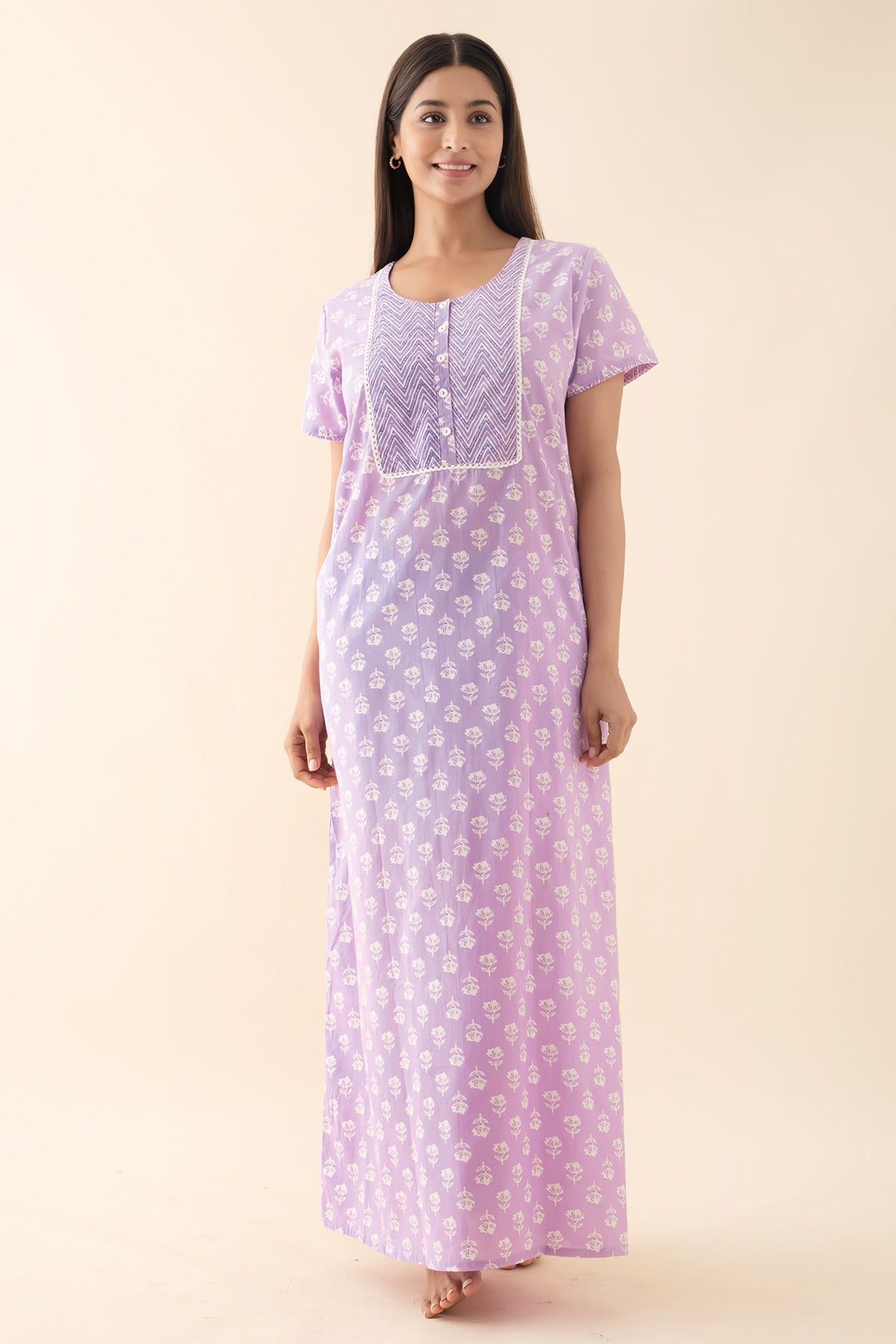 Floral Printed Lace Embellished Nighty - Purple