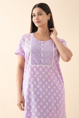 Floral Printed Lace Embellished Nighty - Purple