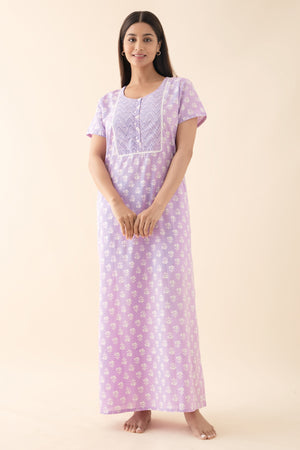 Floral Printed Lace Embellished Nighty - Purple