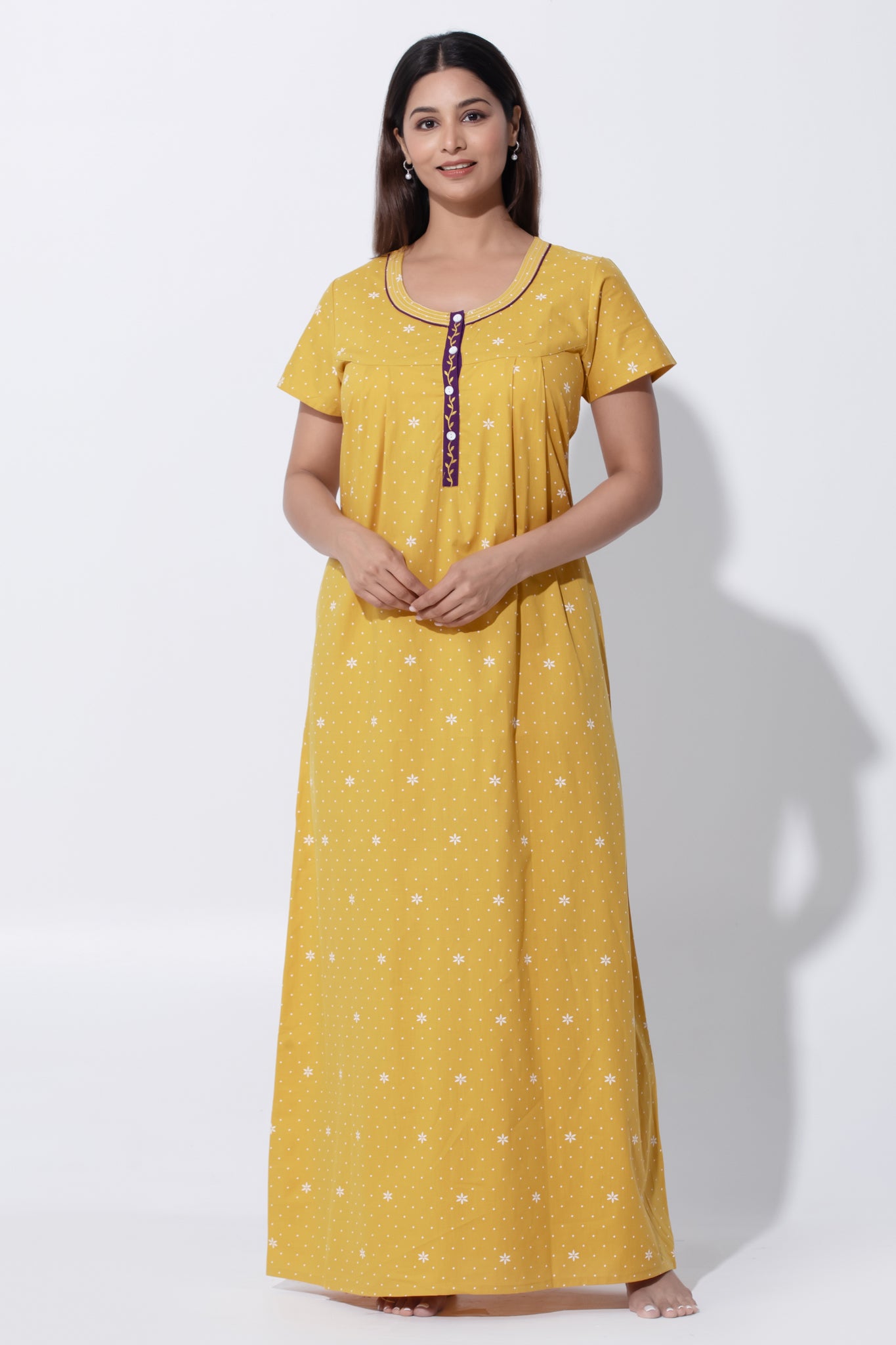 Mustard Printed Cotton Nightwear with Embroidered Yoke