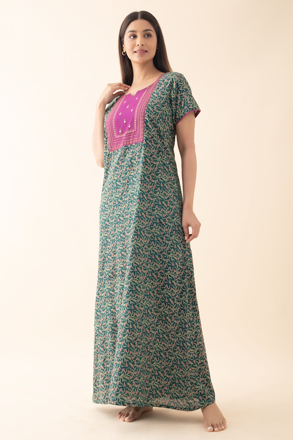 Floral Printed Nighty with Yoke Patchwork - Green