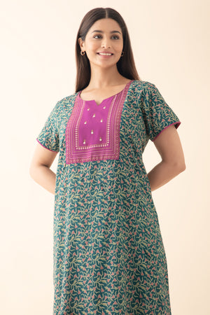 Floral Printed Nighty with Yoke Patchwork - Green