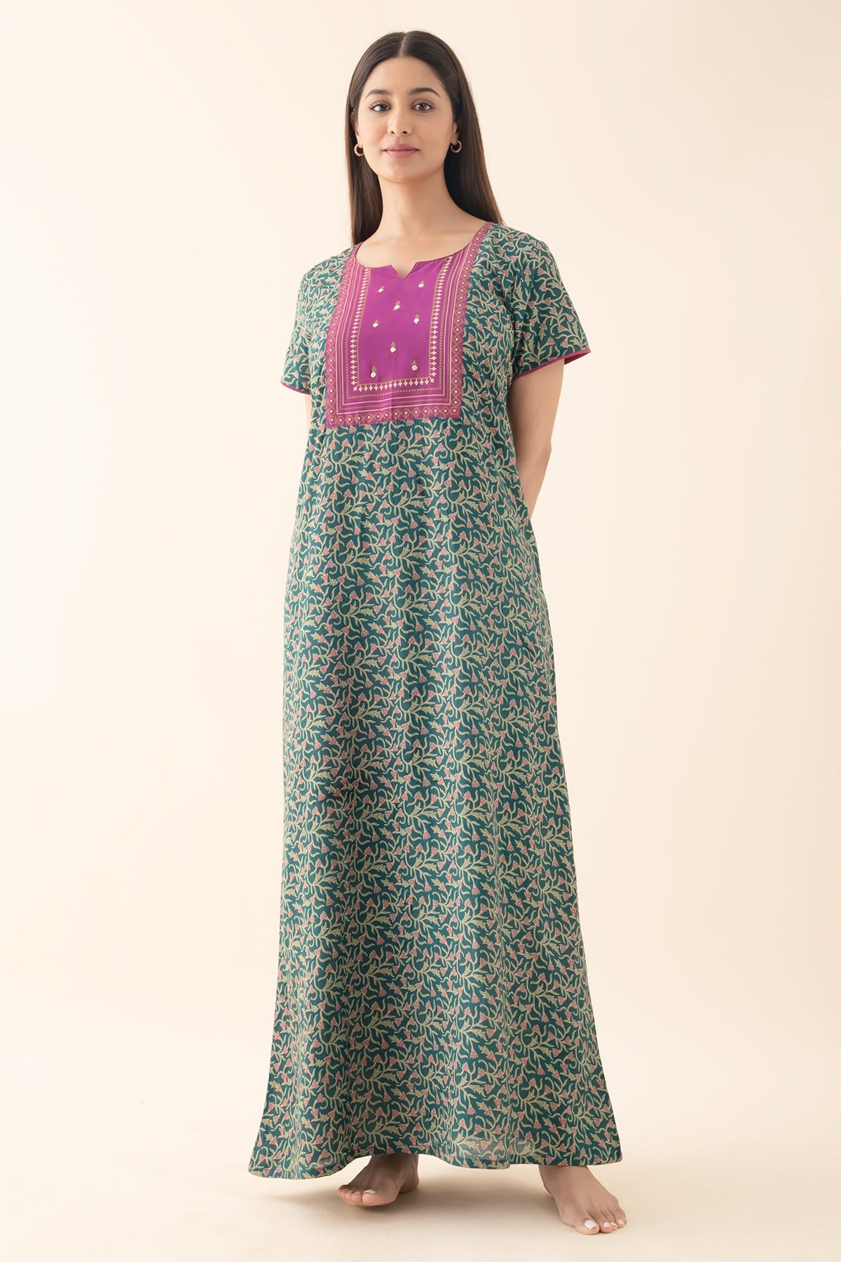 Floral Printed Nighty with Yoke Patchwork - Green