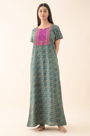 Floral Printed Nighty with Yoke Patchwork - Green