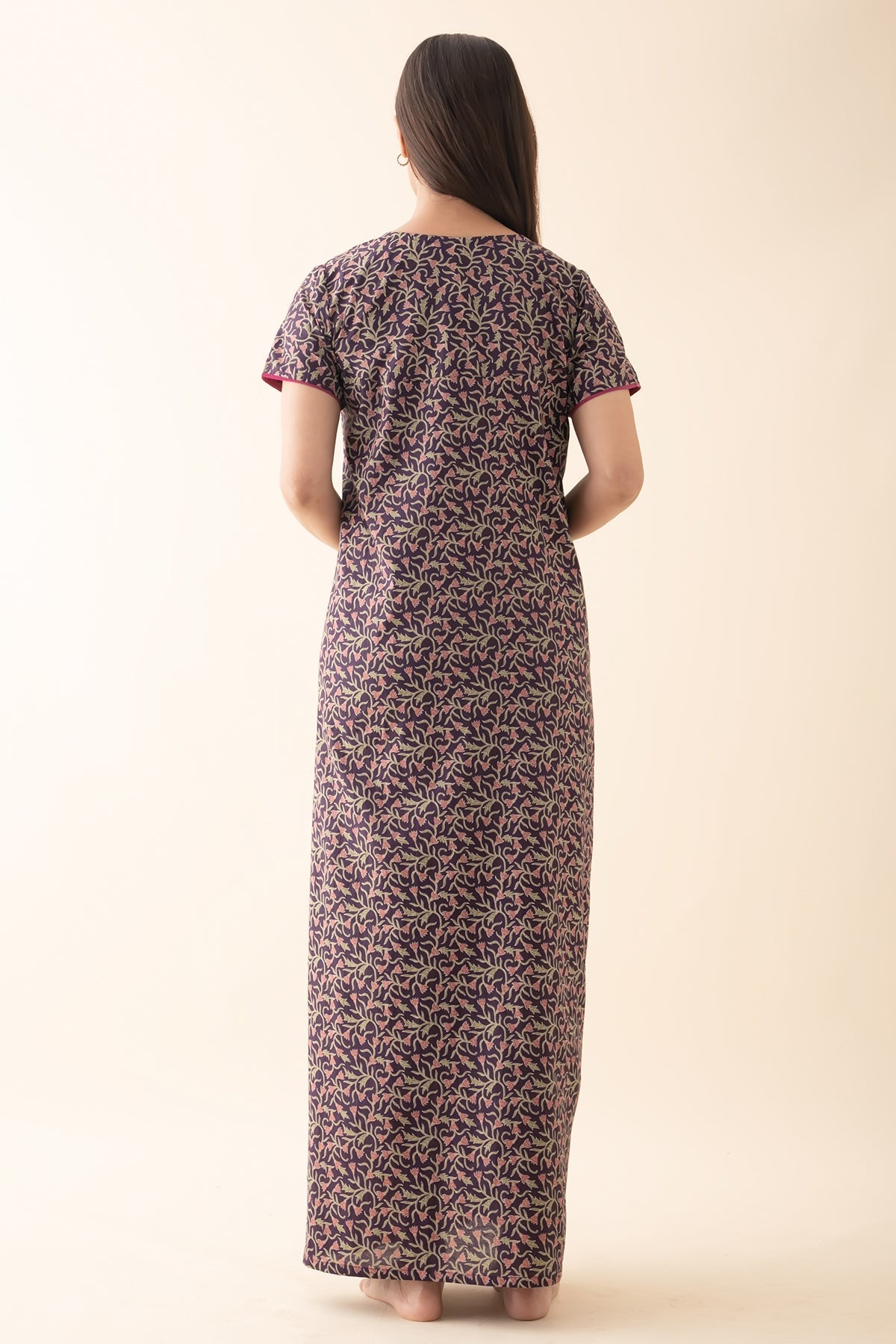 Floral Printed Nighty with Yoke Patchwork - Purple