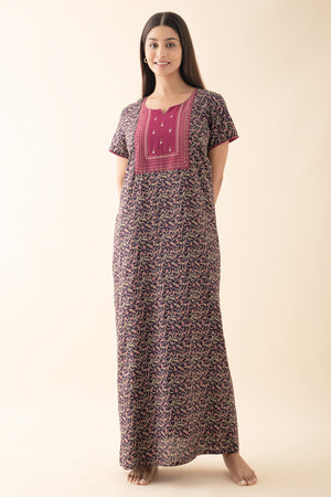 Floral Printed Nighty with Yoke Patchwork - Purple