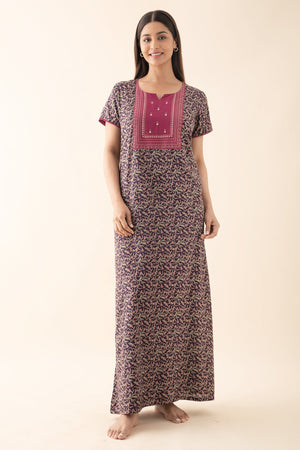 Floral Printed Nighty with Yoke Patchwork - Purple