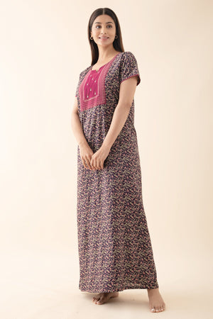 Floral Printed Nighty with Yoke Patchwork - Purple