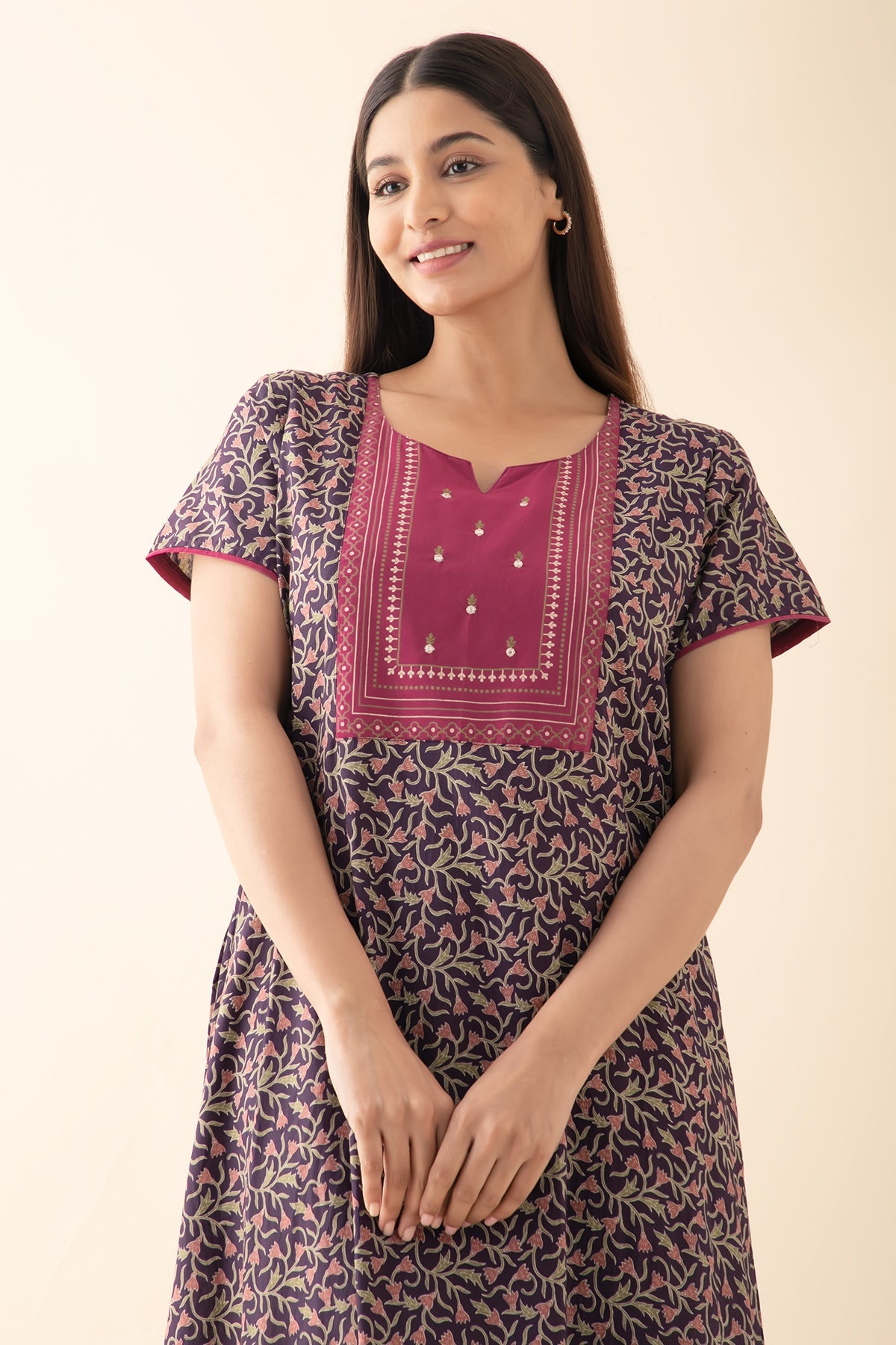 Floral Printed Nighty with Yoke Patchwork - Purple