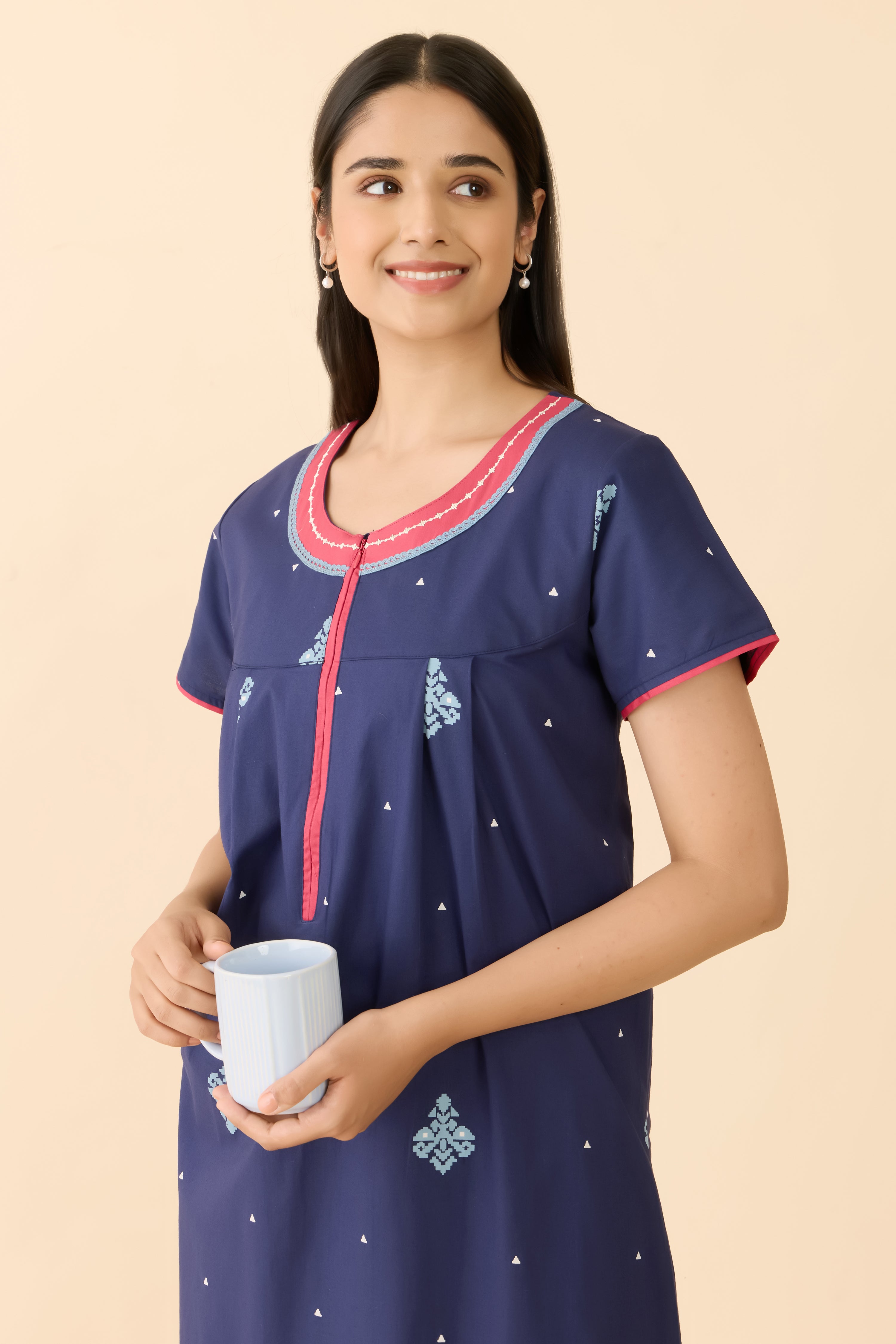 Navy Jamdhani Printed Cotton Nightwear
