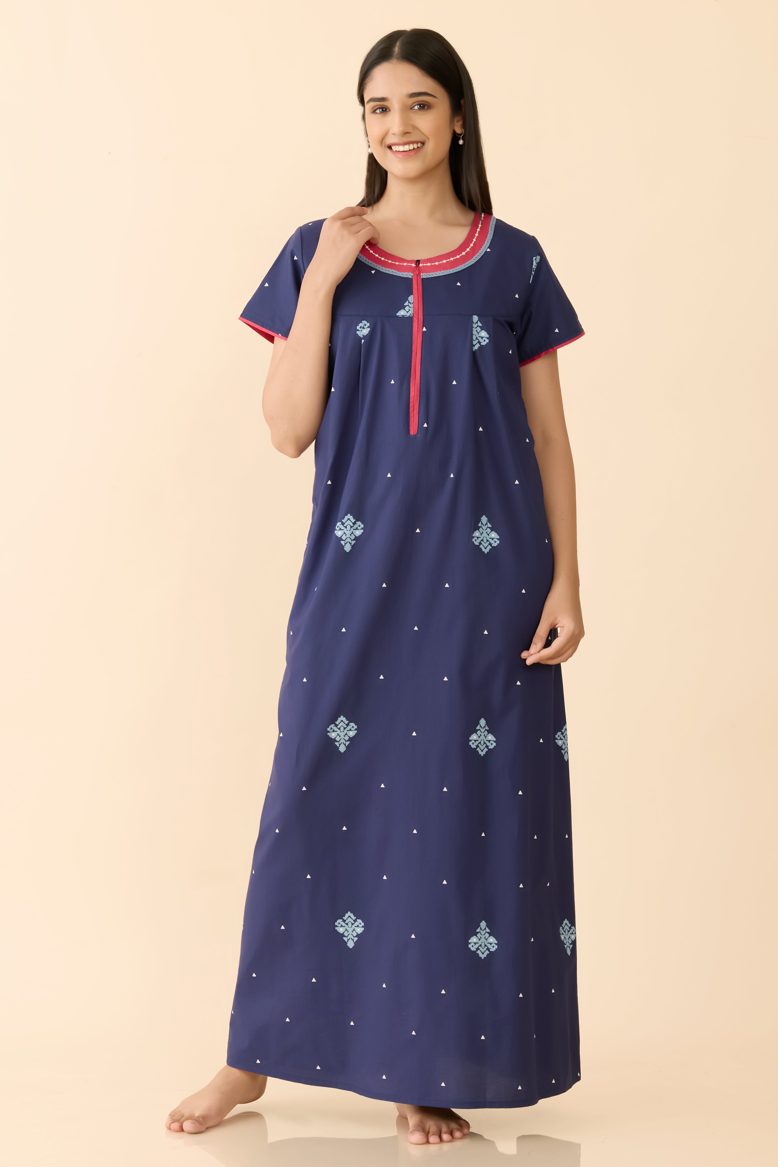 Navy Jamdhani Printed Cotton Nightwear