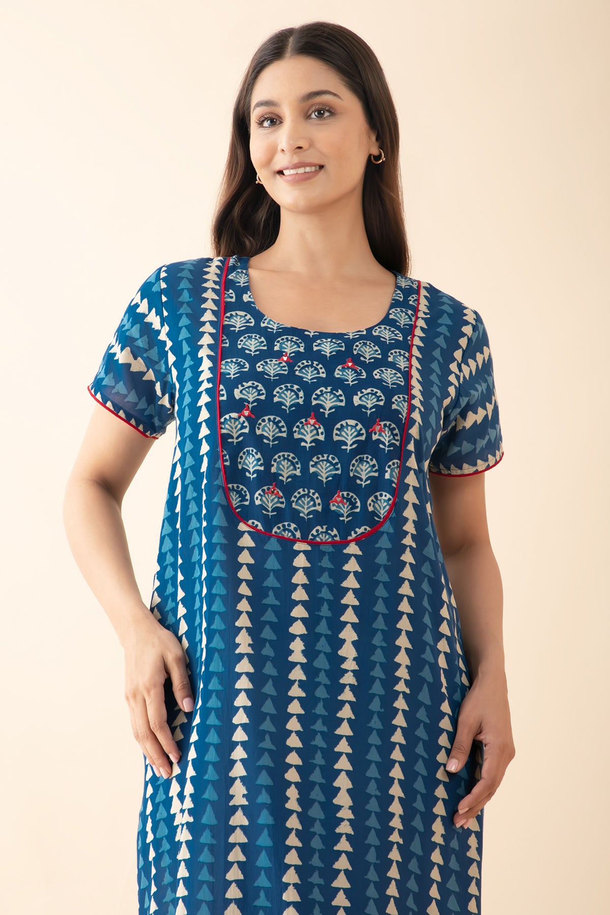 Batik Printed Foil Mirror Embellished Nighty - Blue