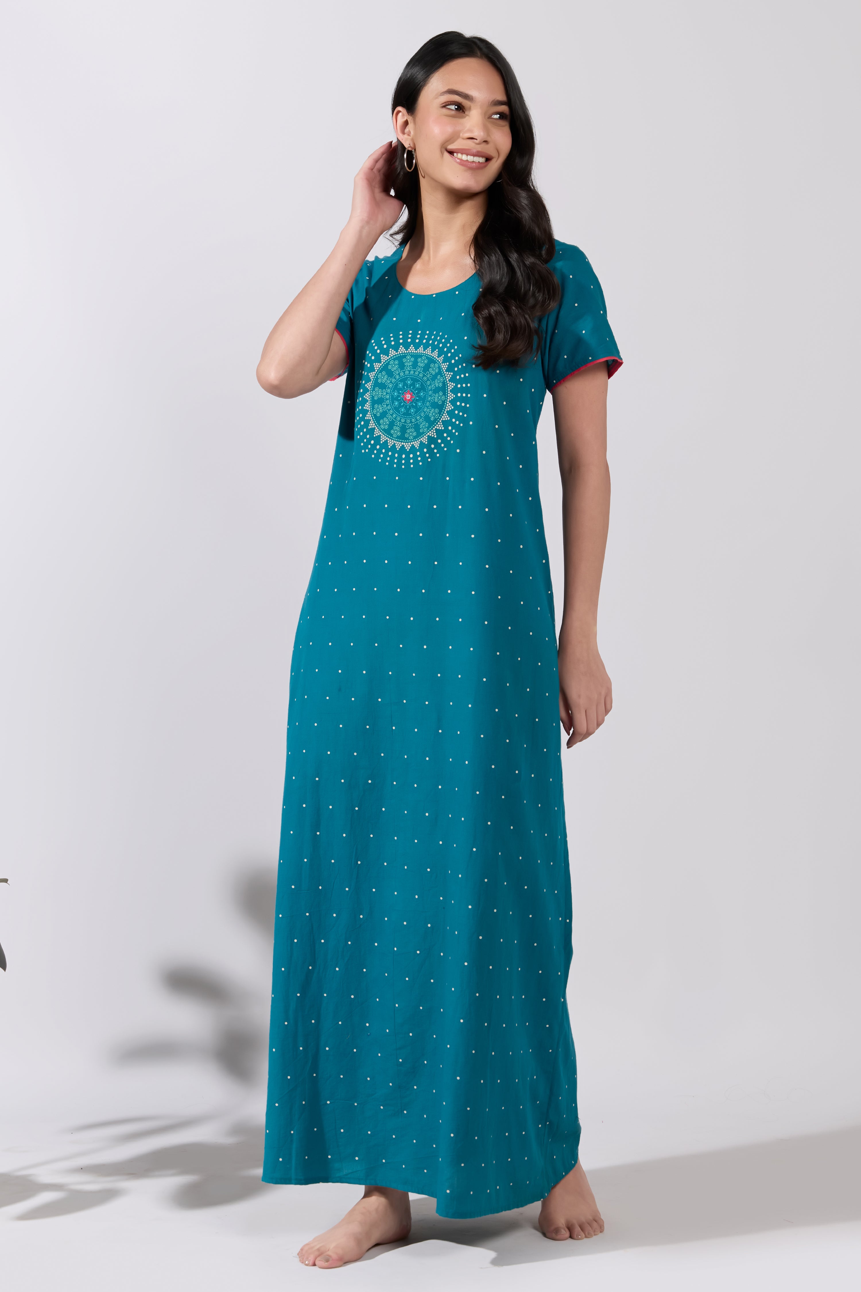 TURQUOISE COTTON NIGHTWEAR WITH POLKA DOTS