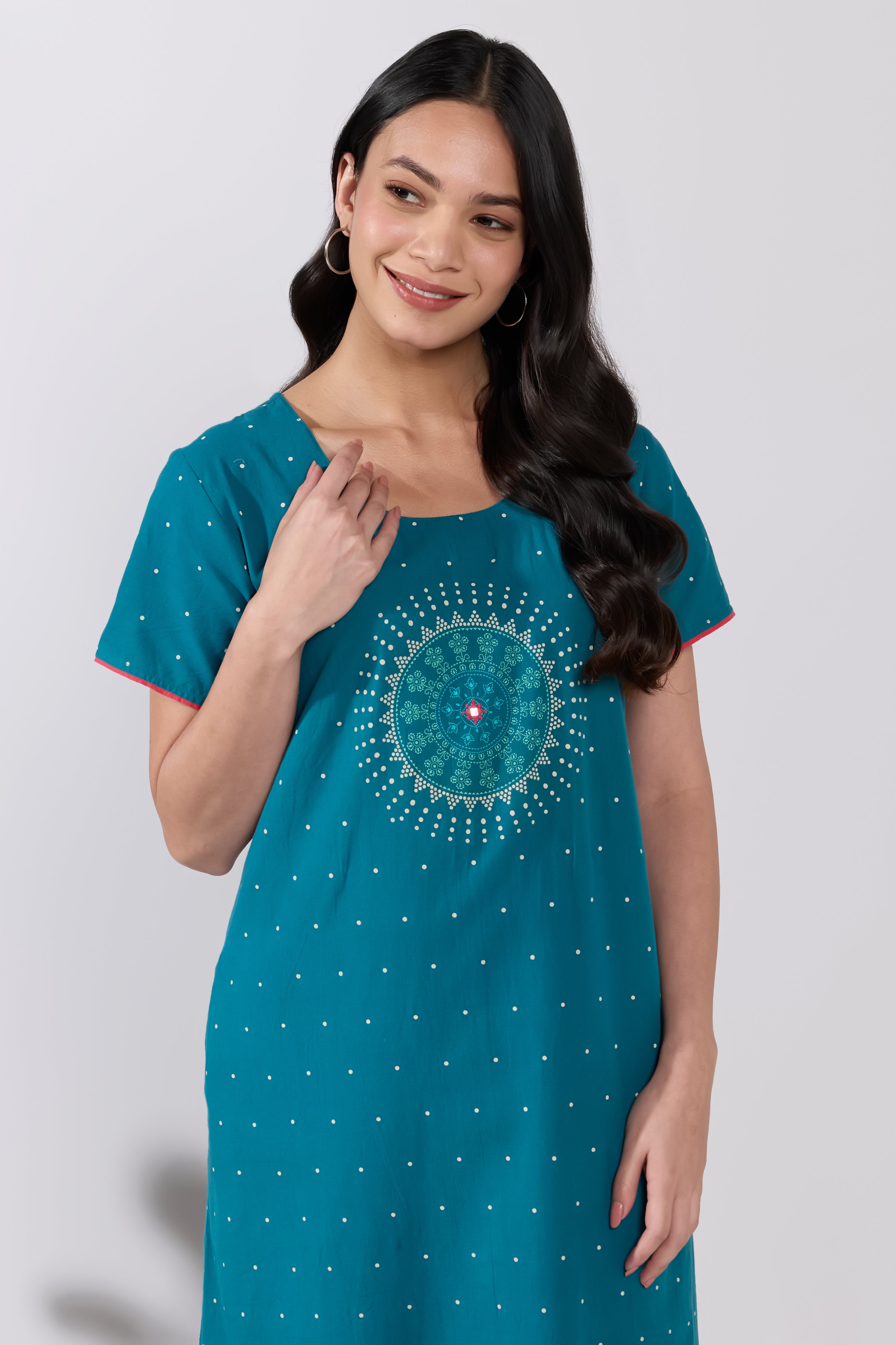 TURQUOISE COTTON NIGHTWEAR WITH POLKA DOTS