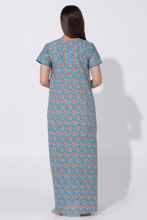 Blue Floral Printed Nighty with Embroidered Yoke & Zipper