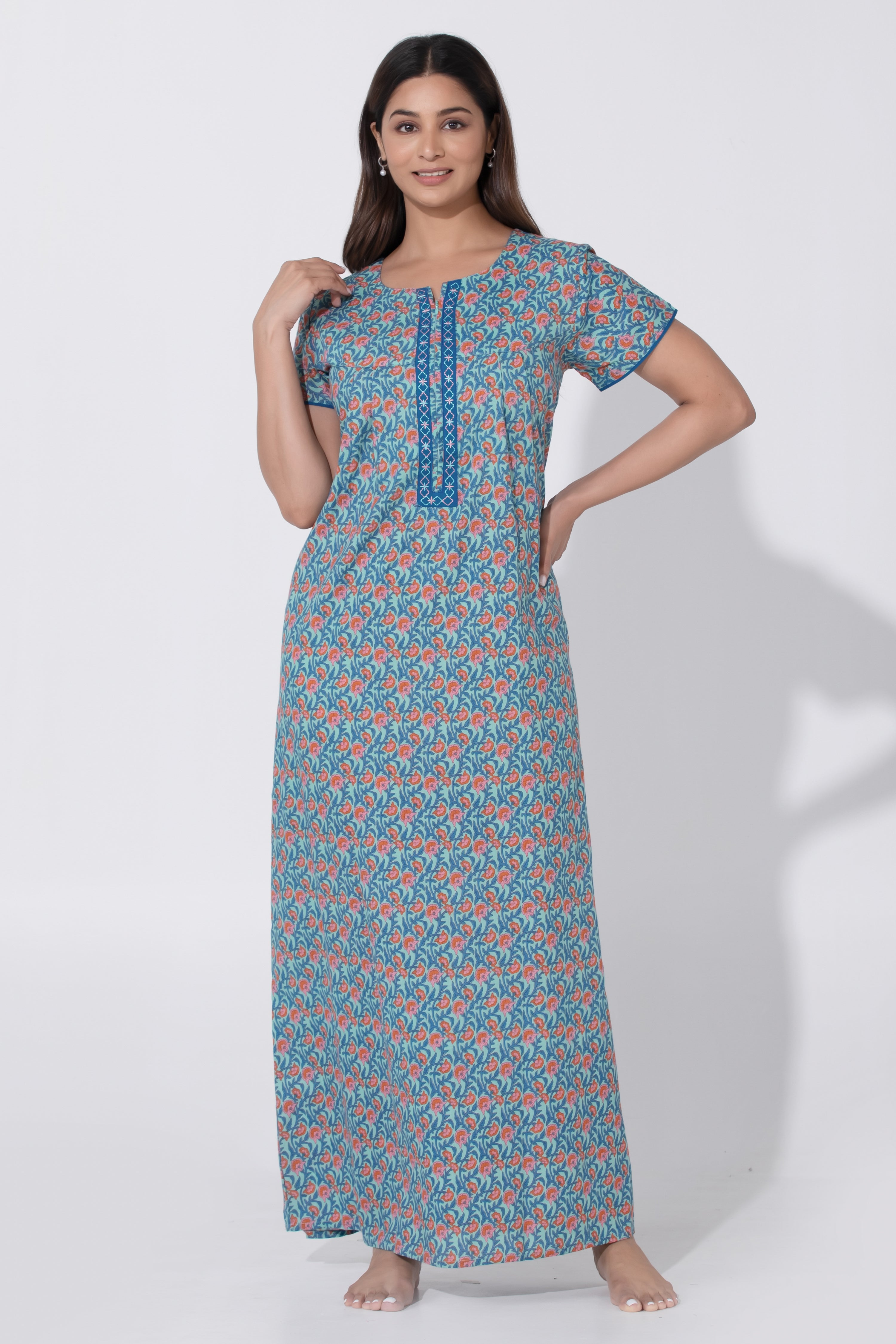 Blue Floral Printed Nighty with Embroidered Yoke & Zipper