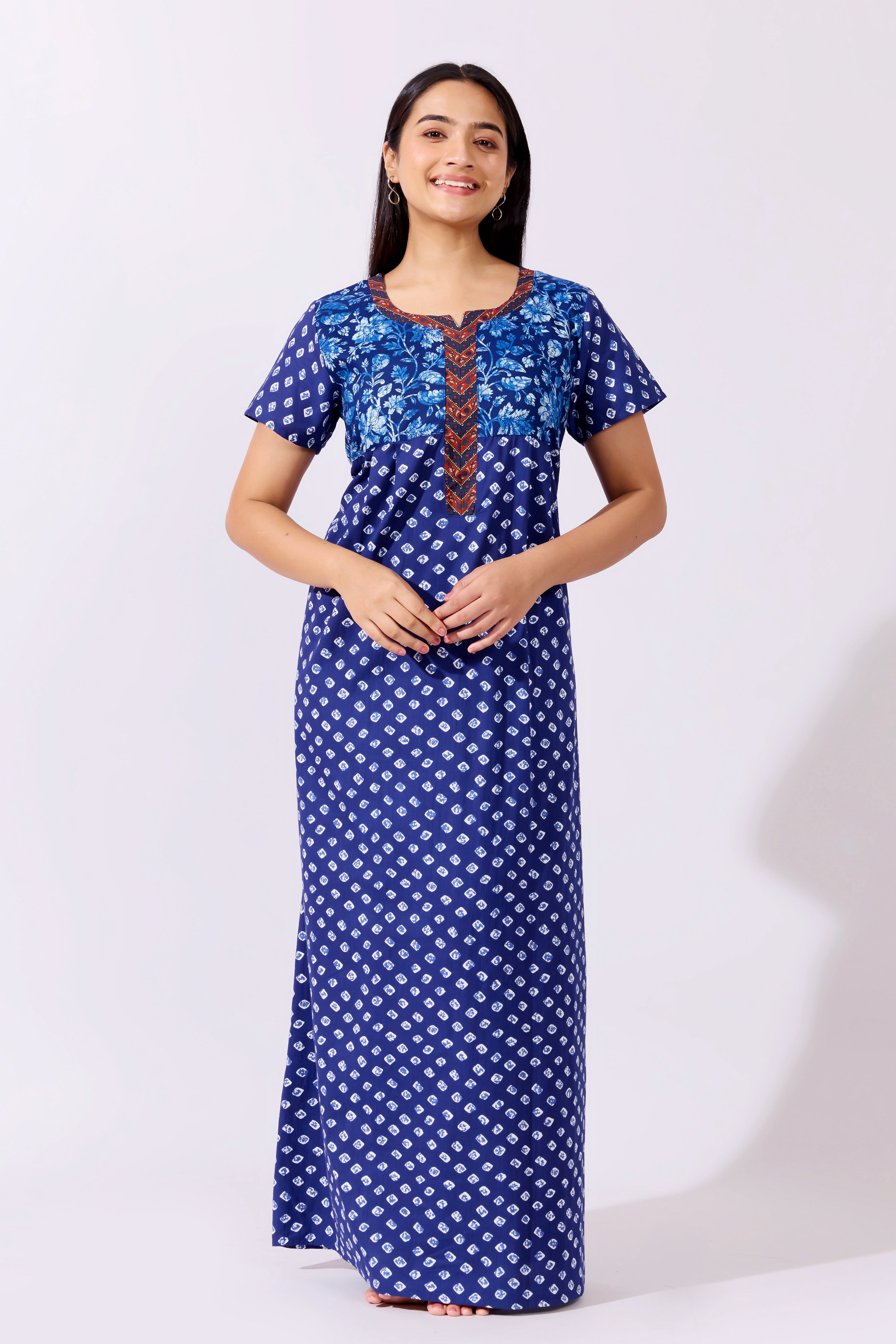 Batik Blue Pinted Cotton Nighty with Ajrakh Printed Neckline