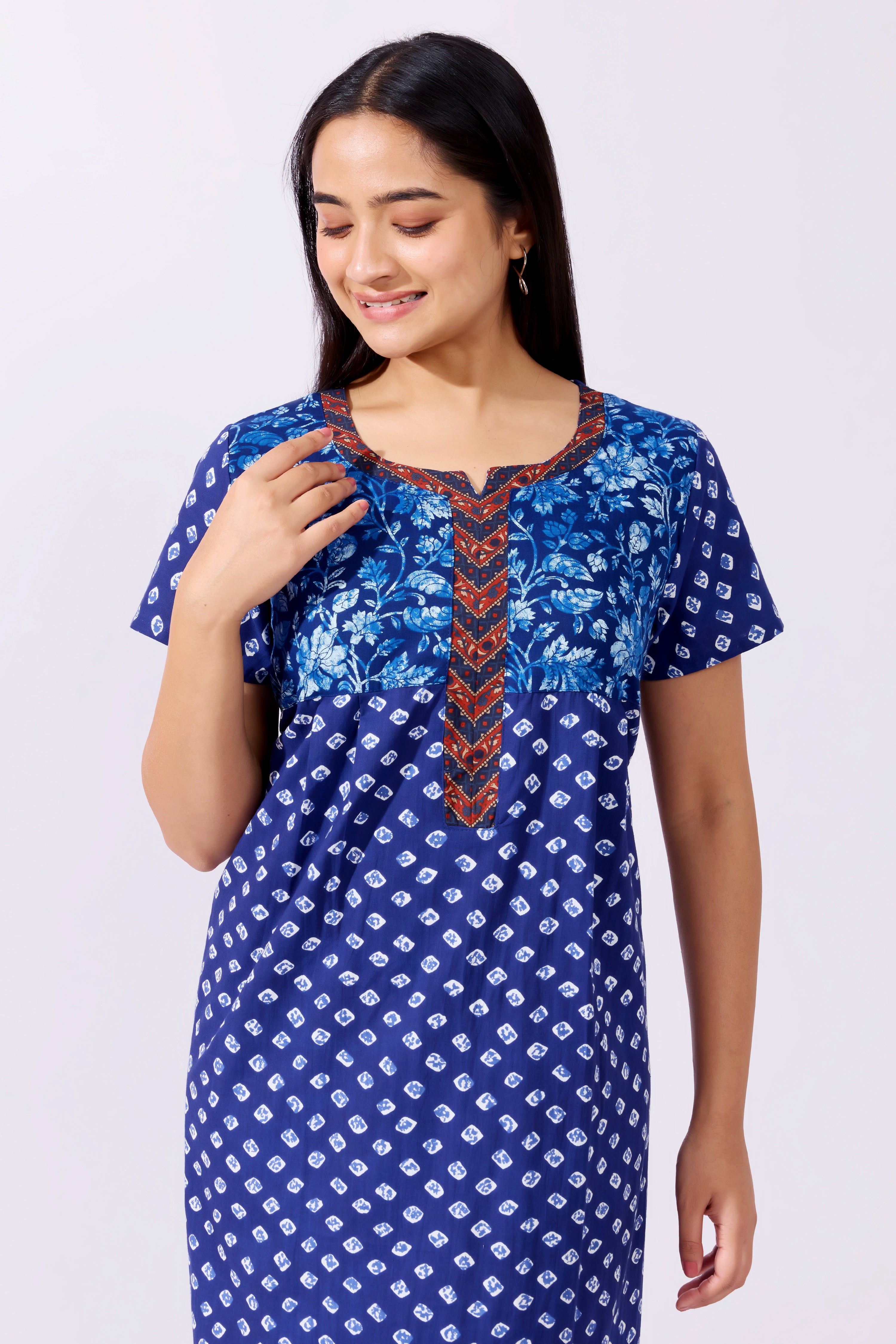 Batik Blue Pinted Cotton Nighty with Ajrakh Printed Neckline