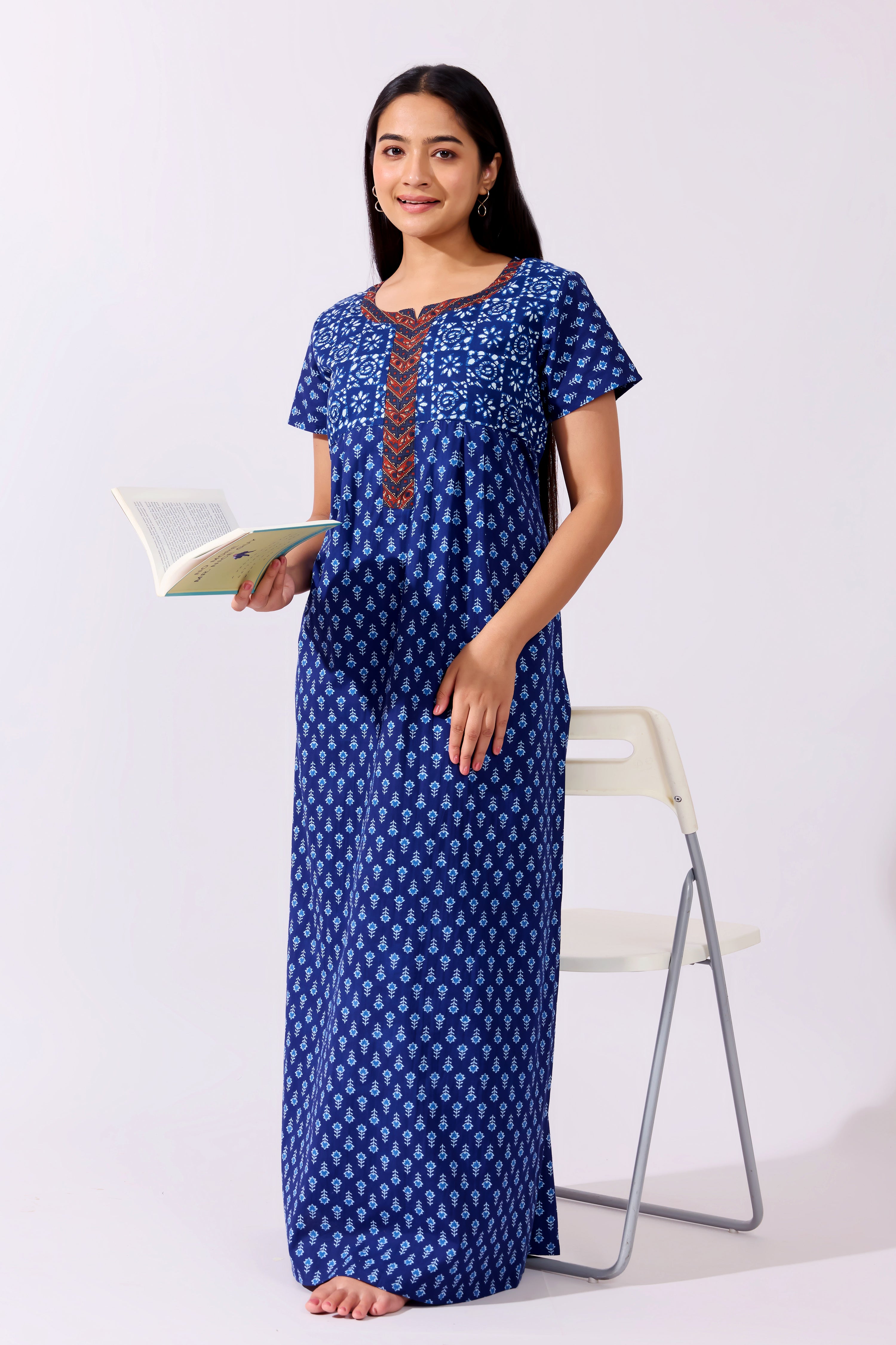 Batik & Floral Pinted Blue Cotton Nighty with Ajrakh Printed Neckline