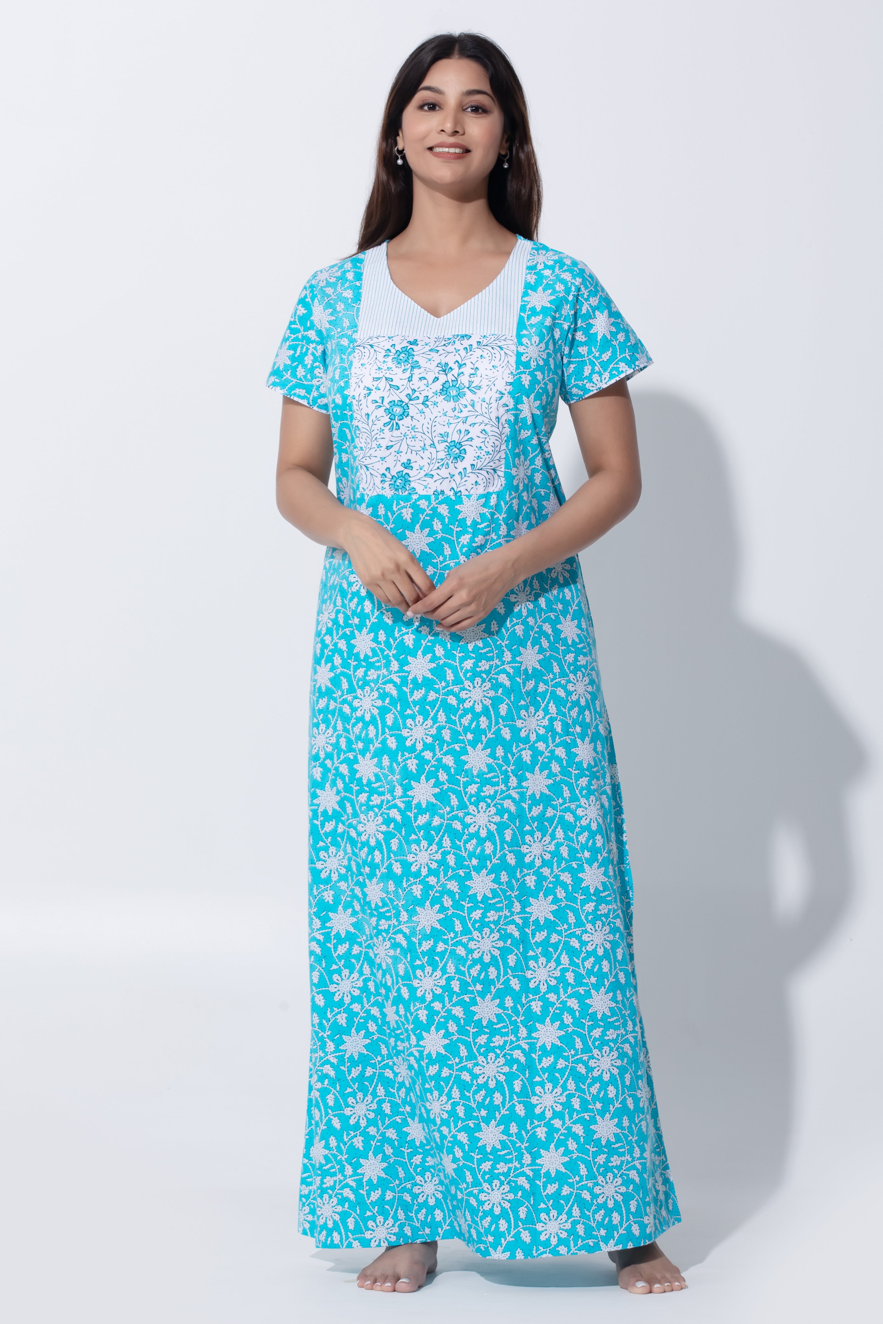 Sky Blue Kalamkari Pure Cotton Nighty with Sweetheart Neck & Running Stitch