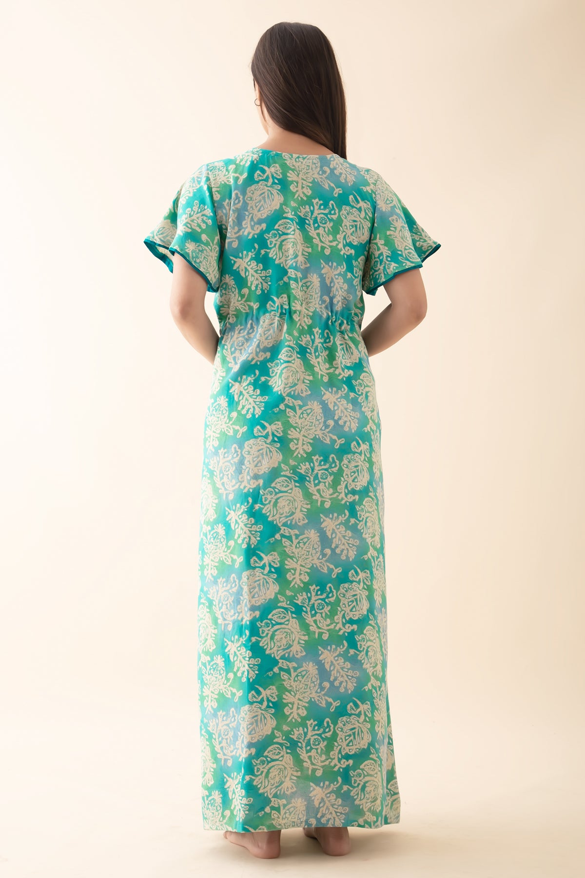 Floral Printed Nighty with Waist Tie-up - Aqua Green