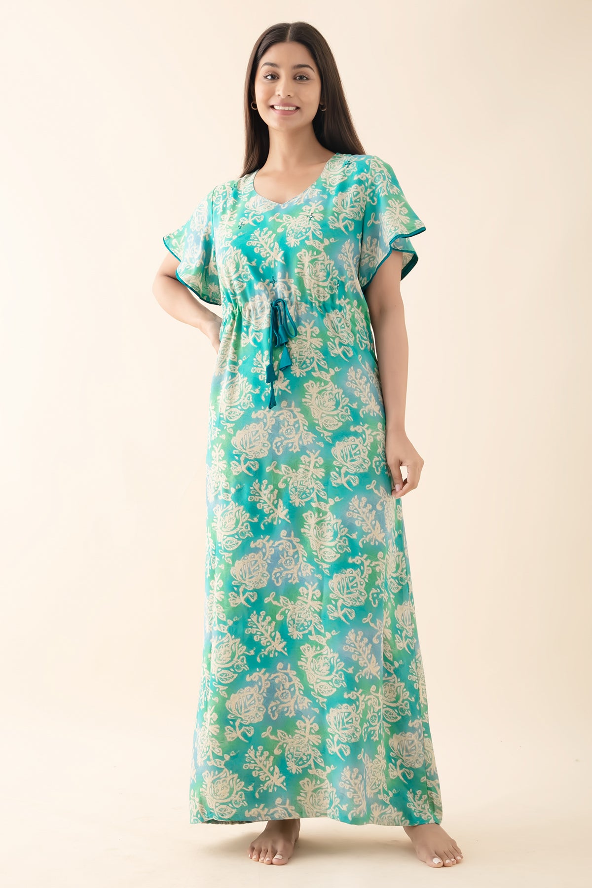 Floral Printed Nighty with Waist Tie-up - Aqua Green