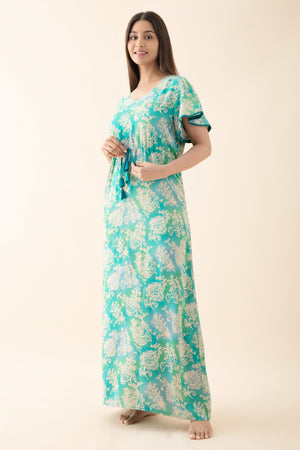 Floral Printed Nighty with Waist Tie-up - Aqua Green