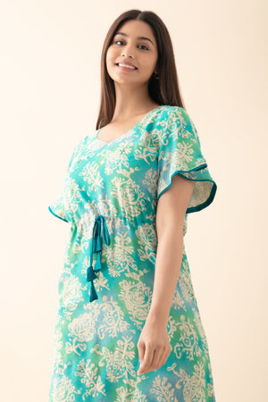 Floral Printed Nighty with Waist Tie-up - Aqua Green