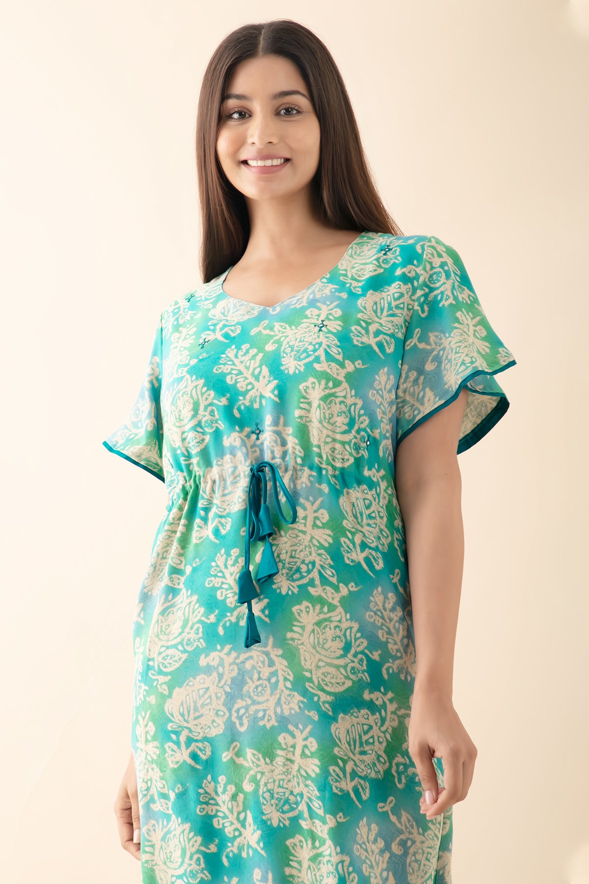 Floral Printed Nighty with Waist Tie-up - Aqua Green