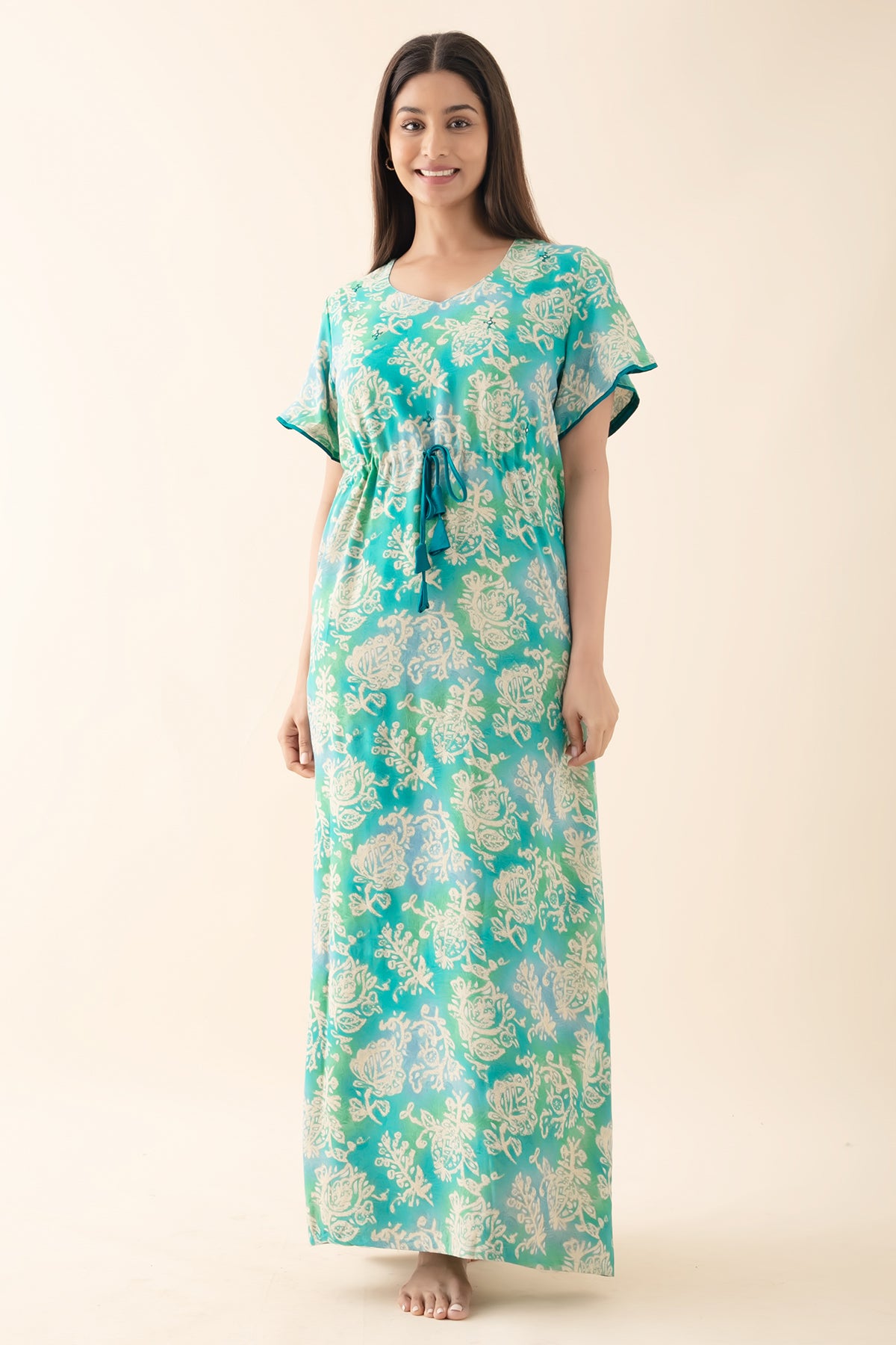 Floral Printed Nighty with Waist Tie-up - Aqua Green