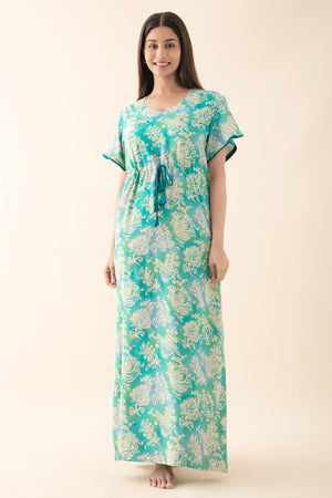 Floral Printed Nighty with Waist Tie-up - Aqua Green