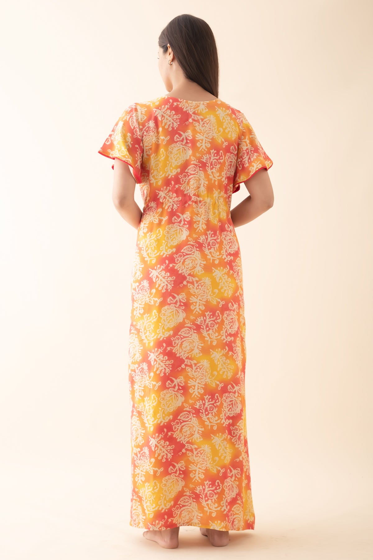 Floral Printed Nighty with Waist Tie-up - Yellow & Orange