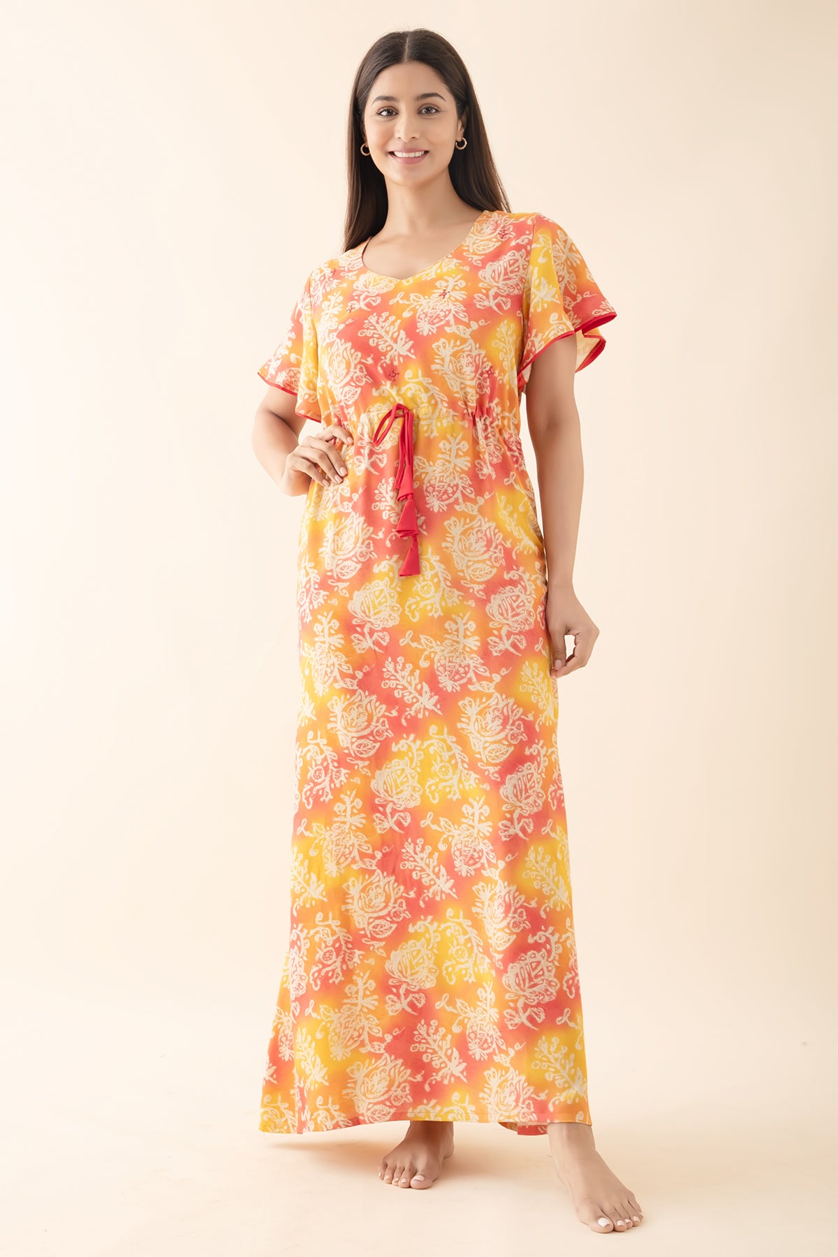 Floral Printed Nighty with Waist Tie-up - Yellow & Orange