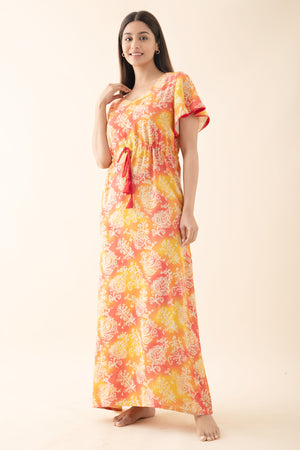 Floral Printed Nighty with Waist Tie-up - Yellow & Orange