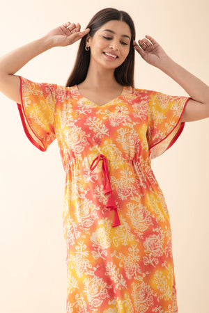 Floral Printed Nighty with Waist Tie-up - Yellow & Orange