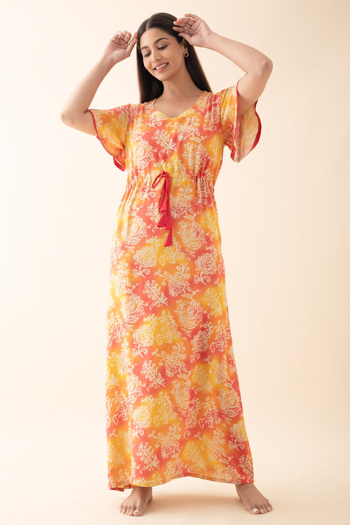 Floral Printed Nighty with Waist Tie-up - Yellow & Orange