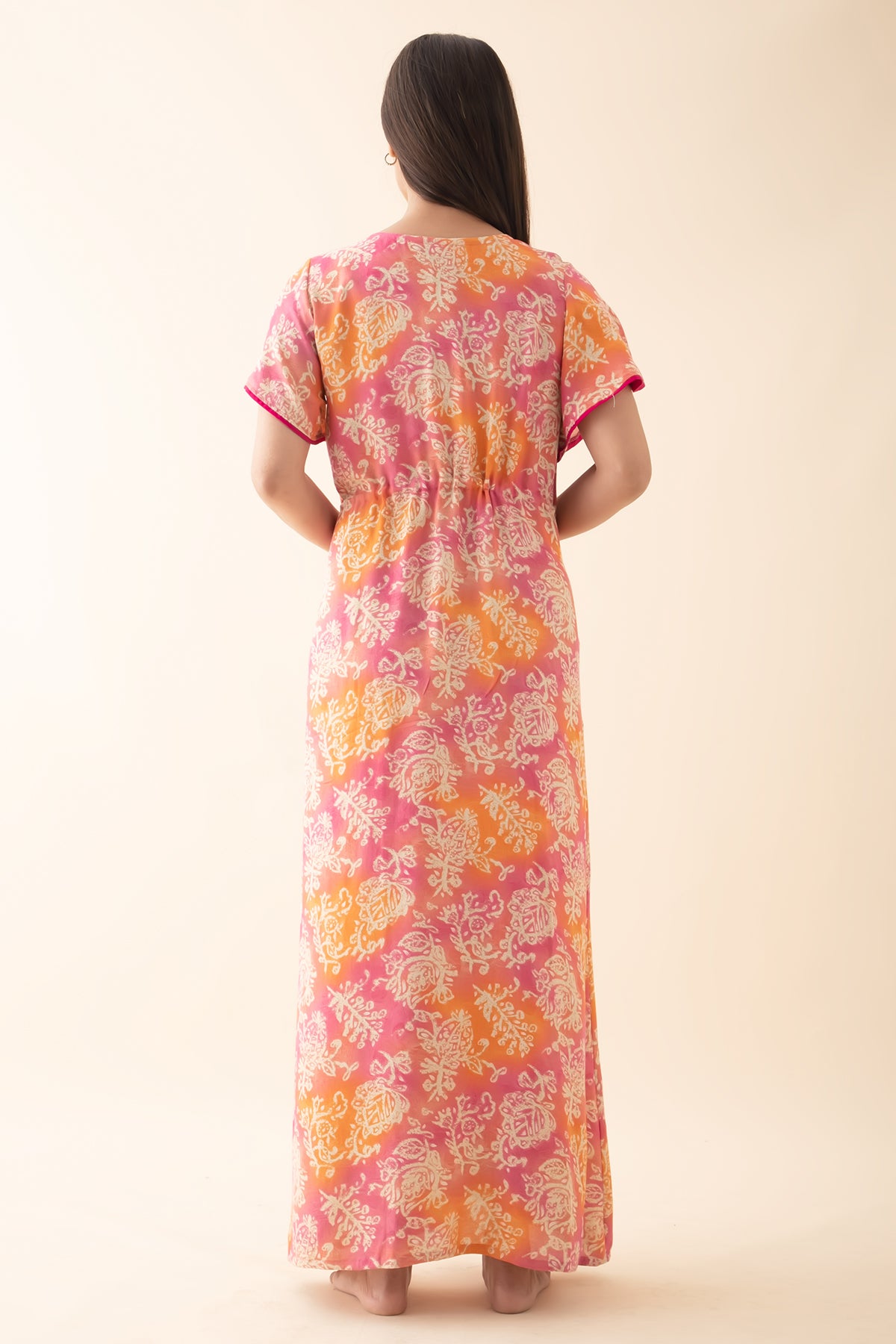 Floral Printed Nighty with Waist Tie-up - Pink & Orange