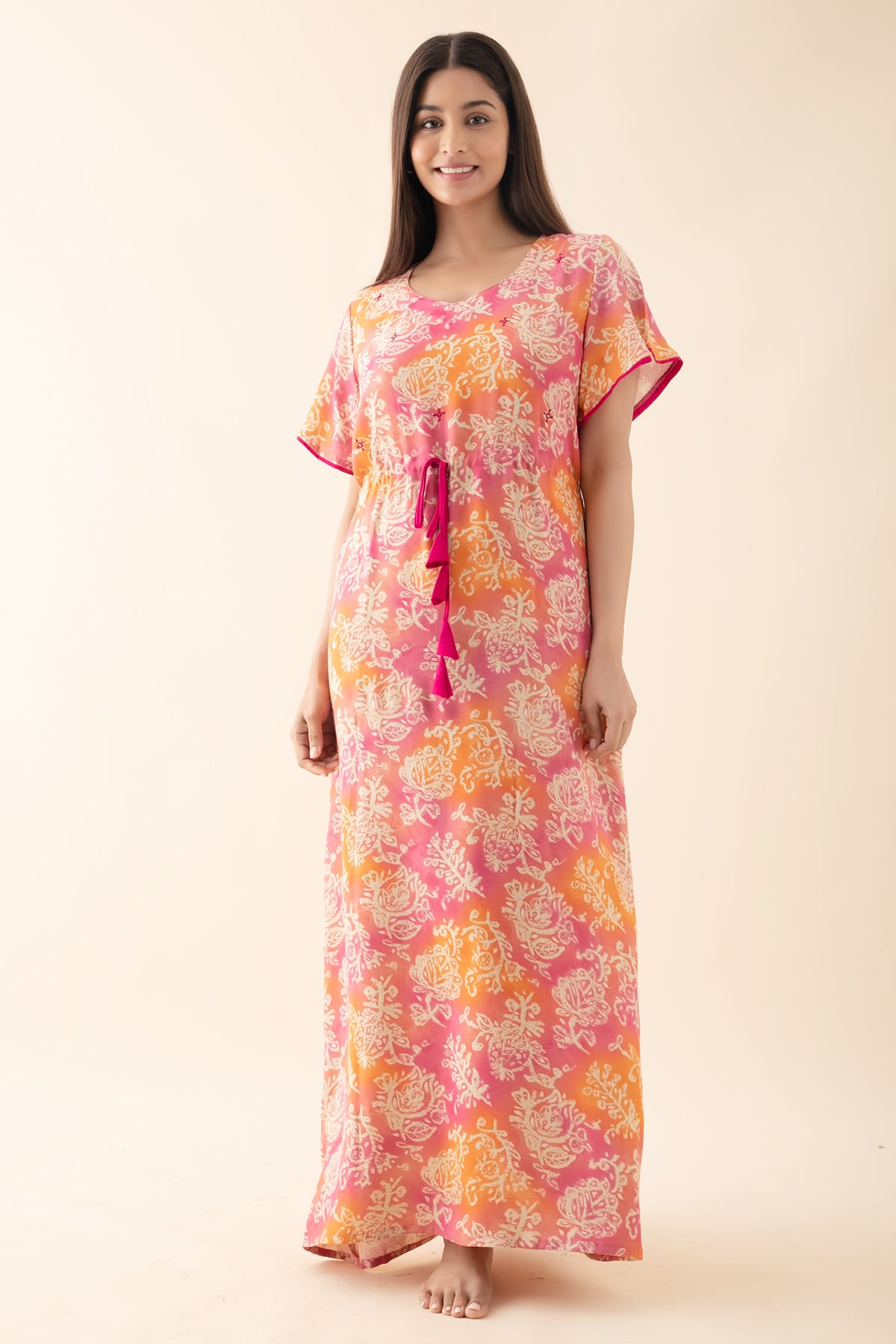 Floral Printed Nighty with Waist Tie-up - Pink & Orange