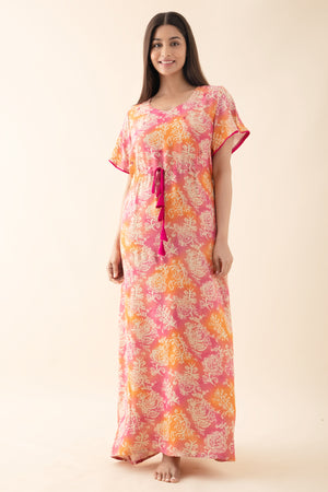 Floral Printed Nighty with Waist Tie-up - Pink & Orange