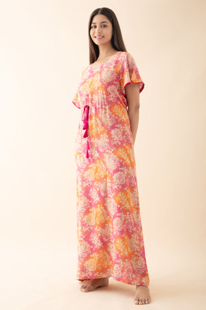 Floral Printed Nighty with Waist Tie-up - Pink & Orange