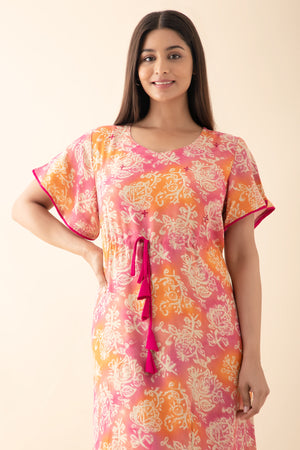 Floral Printed Nighty with Waist Tie-up - Pink & Orange